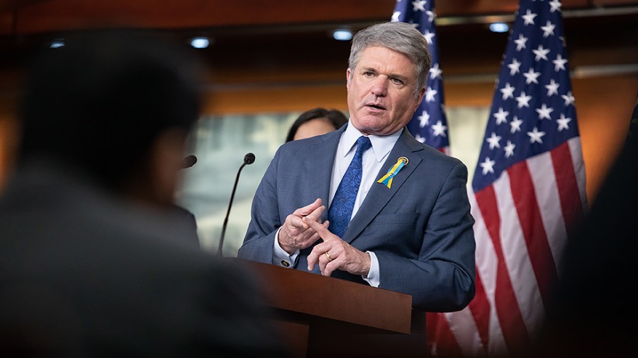 Rep. Michael McCaul (R-Texas) delivers his remarks on the potential new nuclear deal with Iran during a press conference hosted by the House Foreign Affairs Committee Republicans on Wednesday, April 6, 2022.