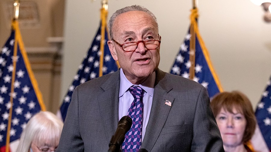 Majority Leader Charles Schumer (D-N.Y.) speaks to reporters during a press conference following the weekly Democratic luncheon at the U.S. Capitol in Washington, D.C. on Tuesday, May 10, 2022.