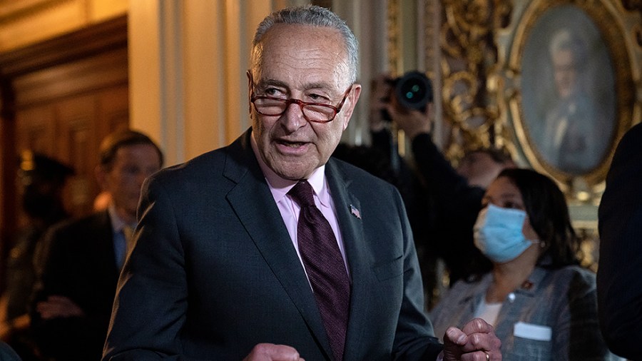 Majority Leader Charles Schumer (D-N.Y.) speaks to reporters following the vote in the U.S. Senate to pass the Women’s Health Protection Act and codify abortion rights in the U.S. on Wednesday, May 11, 2022. The legislation failed 49-51.