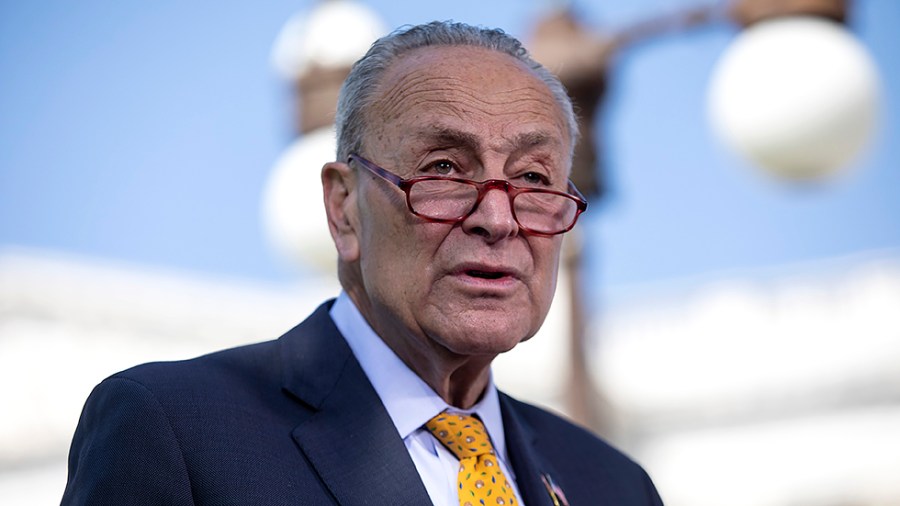 Majority Leader Charles Schumer (D-N.Y.) addresses reporters during a press conference of Democratic women Senators on their continued fight to protect abortion rights on Capitol Hill in Washington, D.C., on Thursday, May 19, 2022.