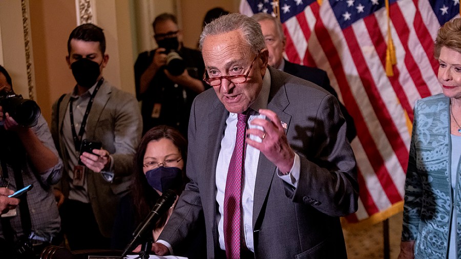 Majority Leader Charles Schumer (D-N.Y.) addresses reporters during a press conference held following the weekly Democratic luncheon on Capitol Hill in Washington, D.C., on Tuesday, May 24, 2022.