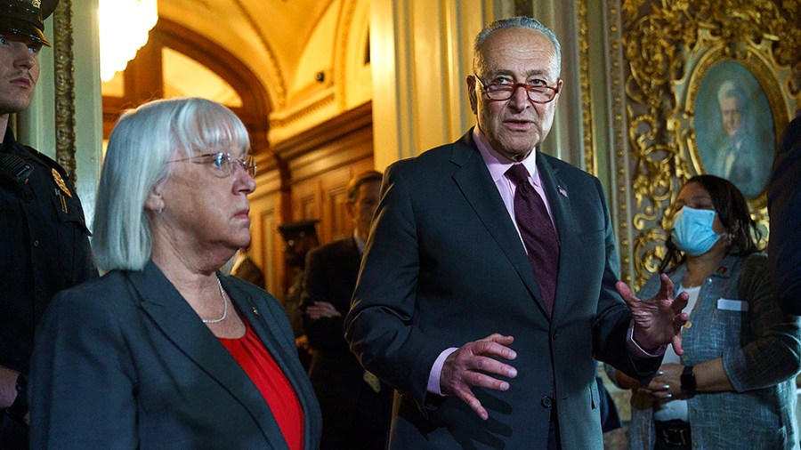 Majority Leader Charles Schumer (D-N.Y.) speaks to reporters following the vote in the U.S. Senate to pass the Women’s Health Protection Act and codify abortion rights in the U.S. on Wednesday, May 11, 2022. The legislation failed 49-51.