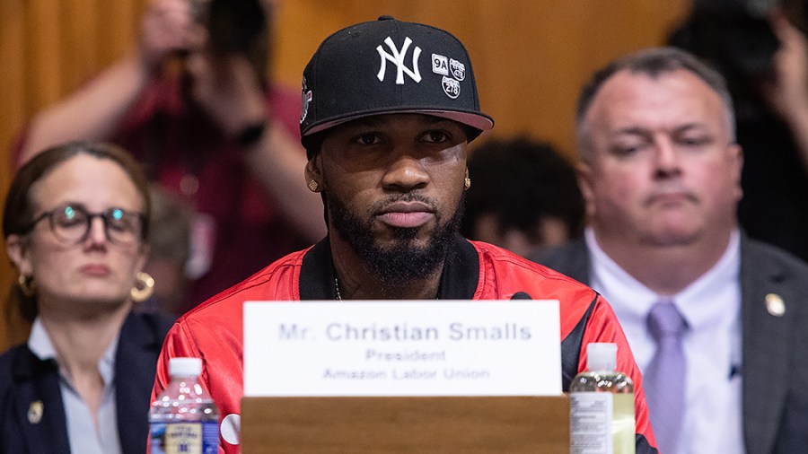 Christian Smalls, President of the Amazon Labor Union, sits before the Senate Committee on the Budget during a hearing entitled ‘Should Taxpayer Dollars Go to Companies that Violate Labor Laws?’ in the Dirksen Senate Office Building in Washington, D.C., on Thursday, May 5, 2022.