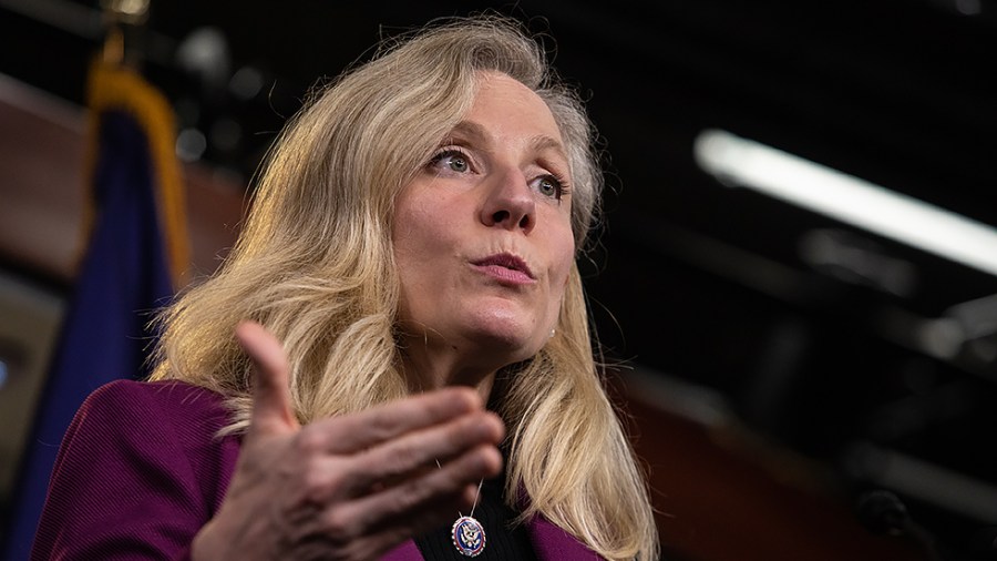 Rep. Abigail Spanberger (D-Va.) speaks to reporters about the ethical concerns of members’ of Congress stock trading practices during a press conference on Thursday, April 7, 2022.