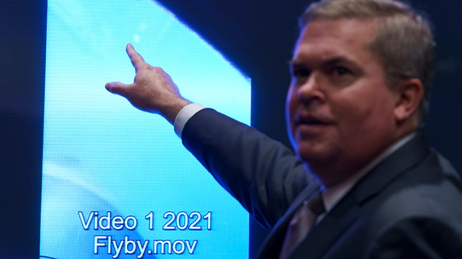 Scott Bray, Deputy Director of Naval Intelligence, points out an Unidentified Aerial Phenomena during a House Intelligence Select Committee hearing on Tuesday, May 17, 2022 to discuss UAP’s.