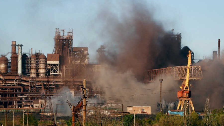 Smoke rises from the Metallurgical Combine Azovstal in Mariupol during shelling