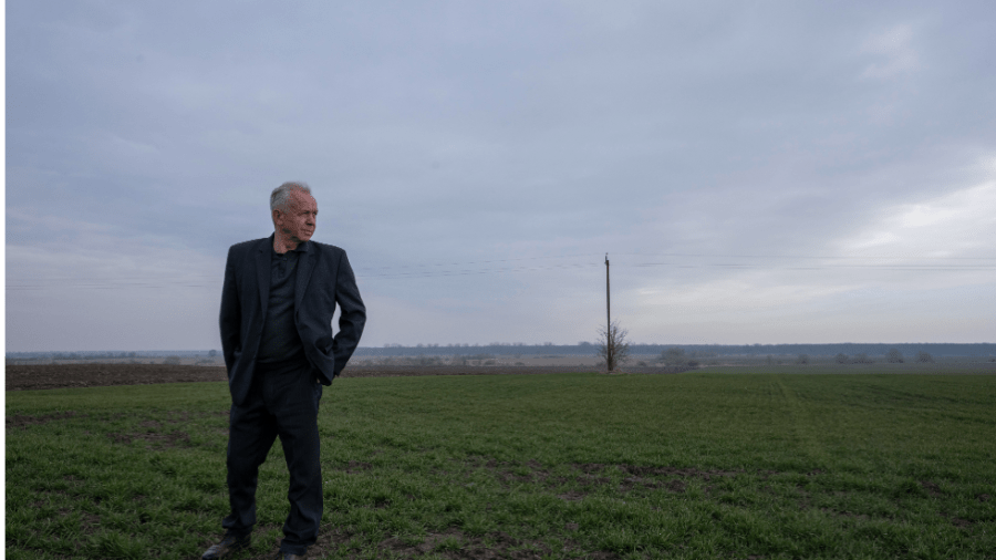 A man wearing a black suit stands in a green field of wheat.