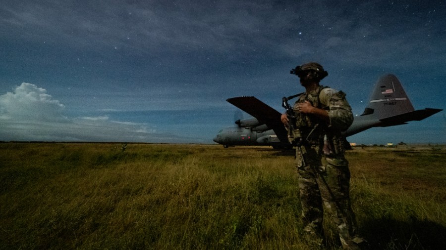 A U.S. Army sniper is seen during unloading operations at an unidentified location in Somalia in 2020.