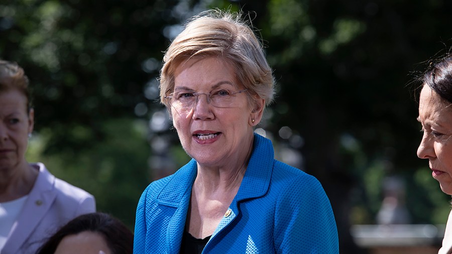 Sen. Elizabeth Warren (D-Mass.) addresses reporters during a press conference of Democratic women Senators on their continued fight to protect abortion rights on Capitol Hill in Washington, D.C., on Thursday, May 19, 2022.