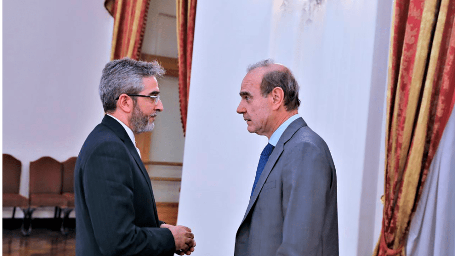 Enrique Mora, the European Union coordinator of talks to revive Iran's nuclear accord with world powers, right, speaks with Iran's top nuclear negotiator Ali Bagheri Kani, in Tehran, Iran.