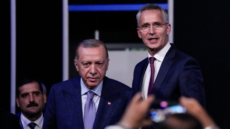 Turkish President Recep Tayyip Erdogan, second left, and NATO Secretary General Jens Stoltenberg before signing a memorandum in which Turkey agrees to Finland and Sweden's membership of the defense alliance