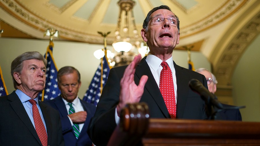 Sen. John Barrasso (R-Wyo.) addresses reporters after the weekly policy luncheon on Tuesday, June 14, 2022.