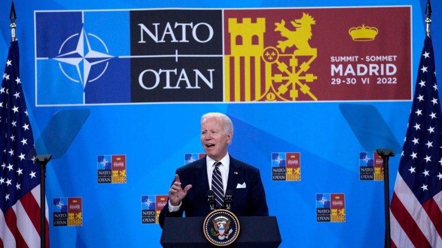 President Joe Biden speaks during a news conference on the final day of the NATO summit in Madrid.