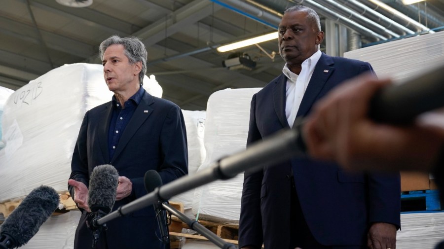 Secretary of State Antony Blinken and Secretary of Defense Lloyd Austin speak with reporters Monday, April 25, 2022, in Poland, near the Ukraine border.