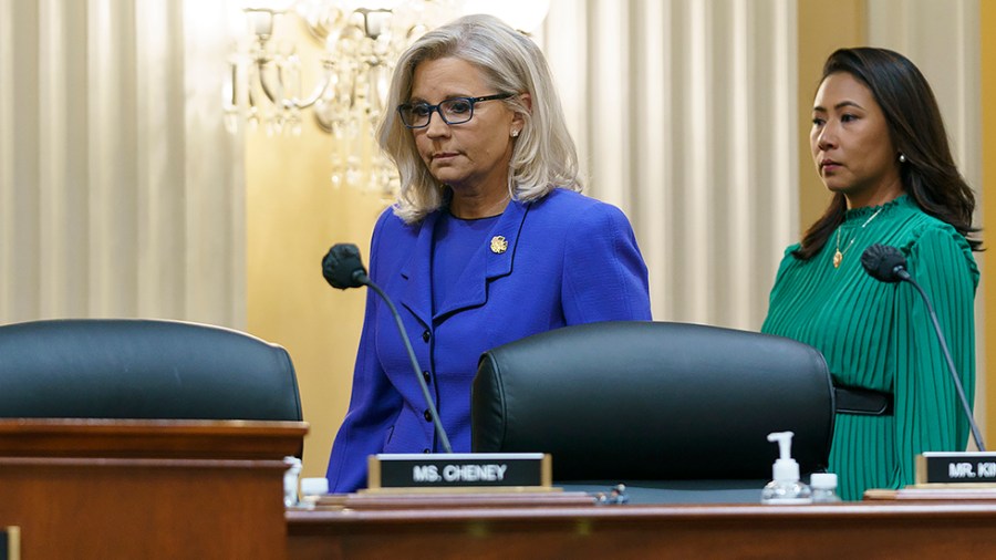 Rep. Liz Cheney (R-Wyo.) and Stephanie Murphy (D-Fla.) arrive for a Jan. 6 House Select Committee hearing to show unseen video footage and taped depositions after a year-long investigation on Thursday, June 9, 2022.