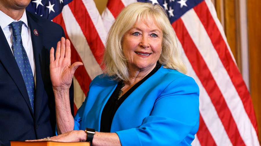 Rep. Connie Conway (R-Calif.) participates in a mock swearing in for members of the media on Tuesday, June 14, 2022. Conway replaces former Rep. Devin Nunes (R-Calif.) who left Congress to take a job at former President Trump’s Truth Social in January.