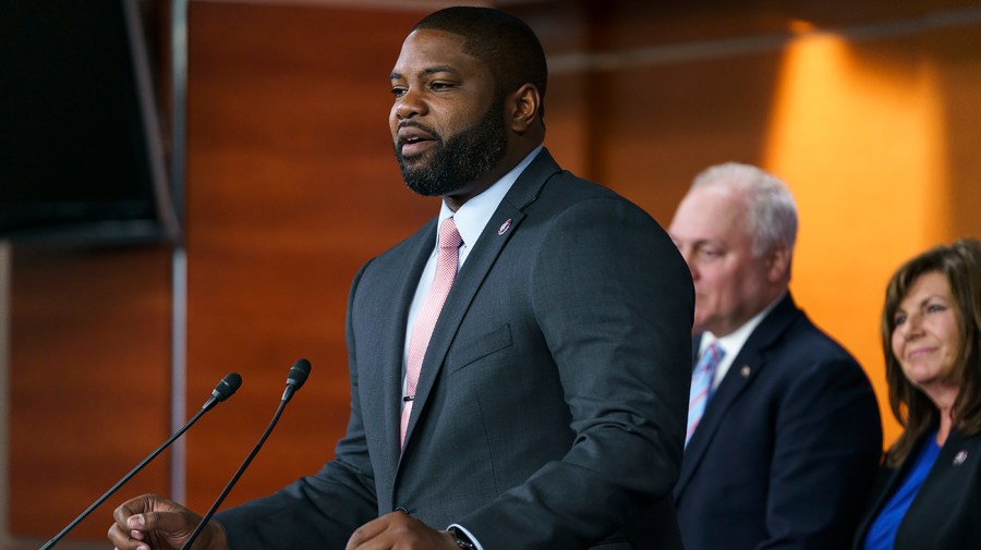 Rep. Byron Donalds (R-Fla.) addresses reporters after a closed-door House Republican conference meeting on Tuesday, June 14, 2022.