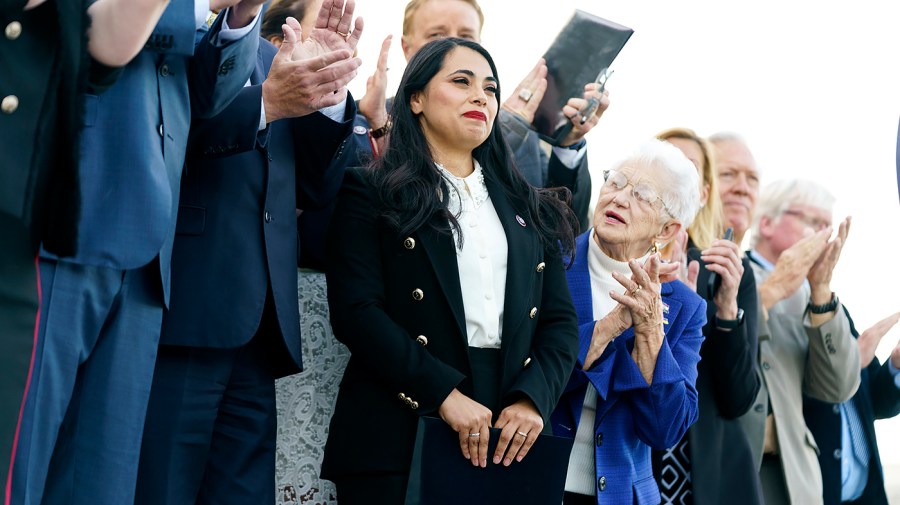 Rep. Mayra Flores (R-Texas) is acknowledged during a press event outside the Capitol Steps on Tuesday, June 21, 2022 to introduce the newest members of the House. She’s the first Mexican-born member to serve in the House.