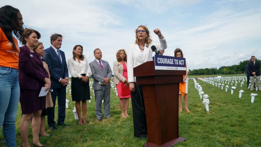 Former Rep. Gabrielle Giffords (D-Ariz.) speaks at a press conference at the Gun Violence Memorial at the Washington Monument in Washington, D.C., on Tuesday, June 7, 2022.