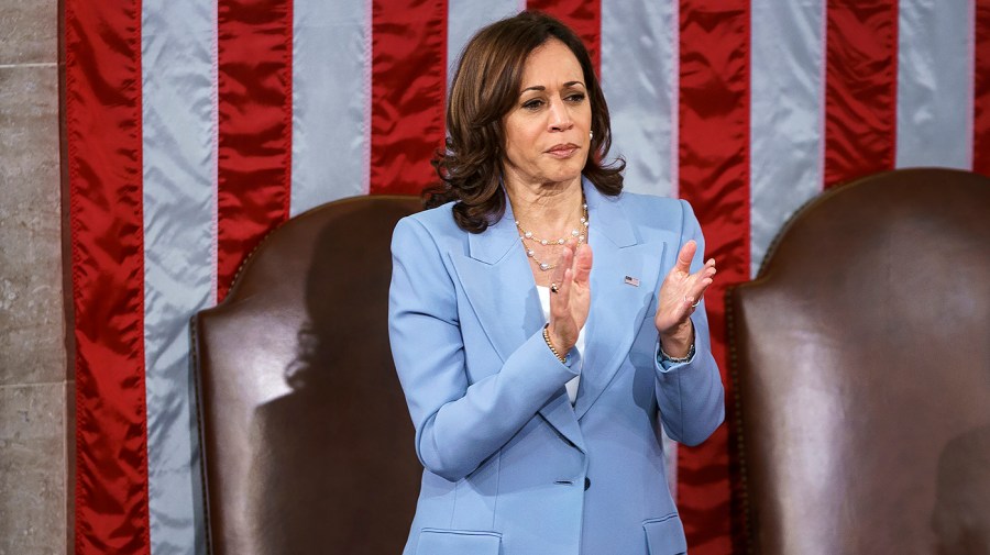 Vice President Harris is seen as Greek Prime Minister Kyriakos Mitsotakis gives an address to a joint session of Congress on Tuesday, May 17, 2022.