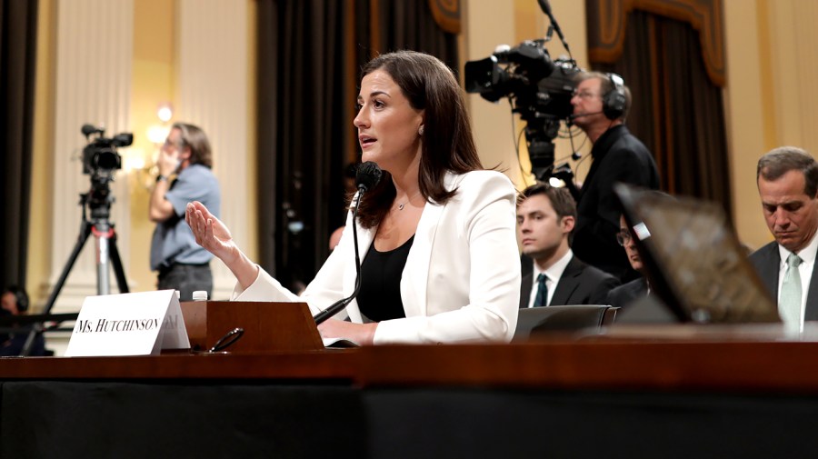 Cassidy Hutchinson, a former aide to former White House chief of staff Mark Meadows, answers questions during a House Jan. 6 committee to hearing on Tuesday, June 28, 2022.