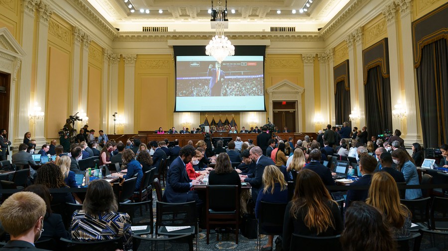 A Trump campaign for President website is seen during a Jan. 6 House Select Committee hearing on Monday, June 13, 2022. The hearing focused on false election fraud claims and the Trump campaign’s continued push for donations.