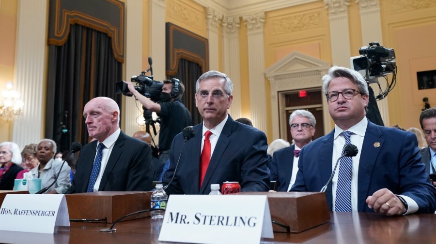 Rusty Bowers, Arizona state House Speaker, from left, Brad Raffensperger, Georgia Secretary of State, and Gabe Sterling, Georgia Deputy Secretary of State, arrive as the House select committee investigating the Jan. 6 attack on the U.S. Capitol continues to reveal its findings