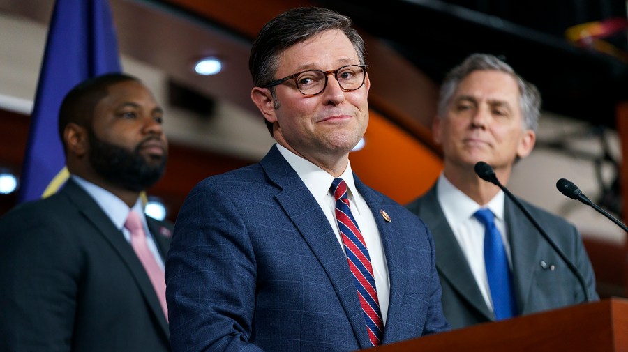 Rep. Mike Johnson (R-La.) addresses reporters after a closed-door House Republican conference meeting on Tuesday, June 14, 2022.