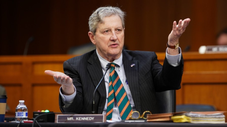 Sen. John Kennedy (R-La.) questions Federal Reserve Chairman Jerome Powell answers questions during a Senate Banking, Housing, and Urban Affairs Committee hearing for the Semiannual Monetary Policy Report to Congress on Wednesday, June 22, 2022.