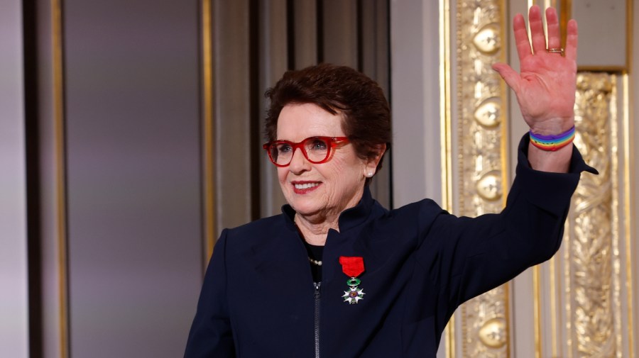 Billie Jean King accepts the Legion d'Honneur at the Elysee Palace in Paris.