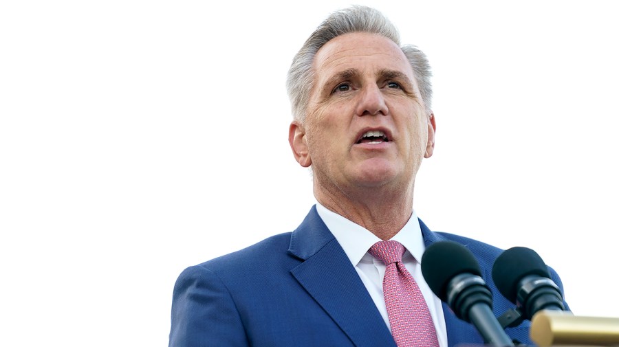 House Minority Leader Kevin McCarthy (R-Calif.) speaks during a press event to introduce the newest member, Rep. Mayra Flores (R-Texas) outside the Capitol Steps on Tuesday, June 21, 2022.