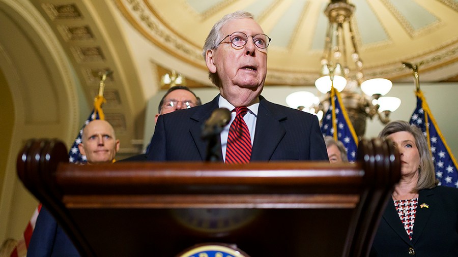 Minority Leader Mitch McConnell (R-Ky.) addresses reporters after the weekly policy luncheon on Tuesday, May 24, 2022.