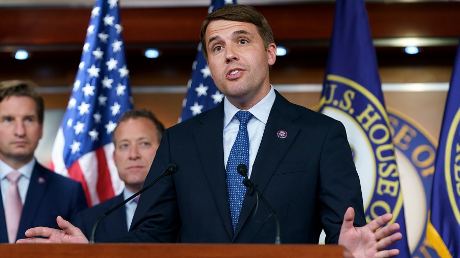 Rep. Chris Pappas (D-N.H.) addresses reporters during a press conference on Wednesday, June 15, 2022 to discuss the Lower Food and Fuel Costs Act.