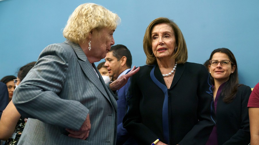 Rep. Zoe Lofgren (D-Calif.) speaks to Speaker Nancy Pelosi (D-Calif.) during a press event on Wednesday, June 15, 2022 to mark the tenth anniversary of the Deferred Action for Childhood Arrivals program.