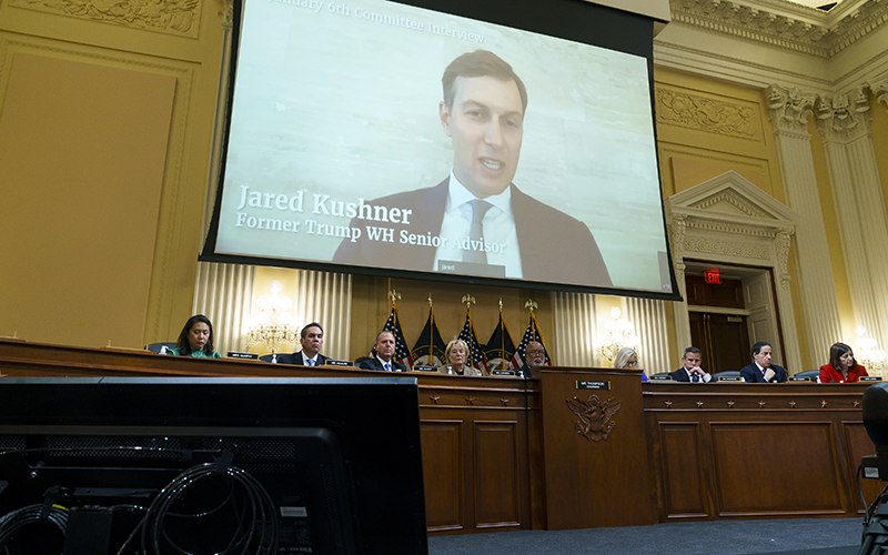 A video deposition of Jared Kushner is played during a House Jan. 6 committee hearing as select committee members are seated below