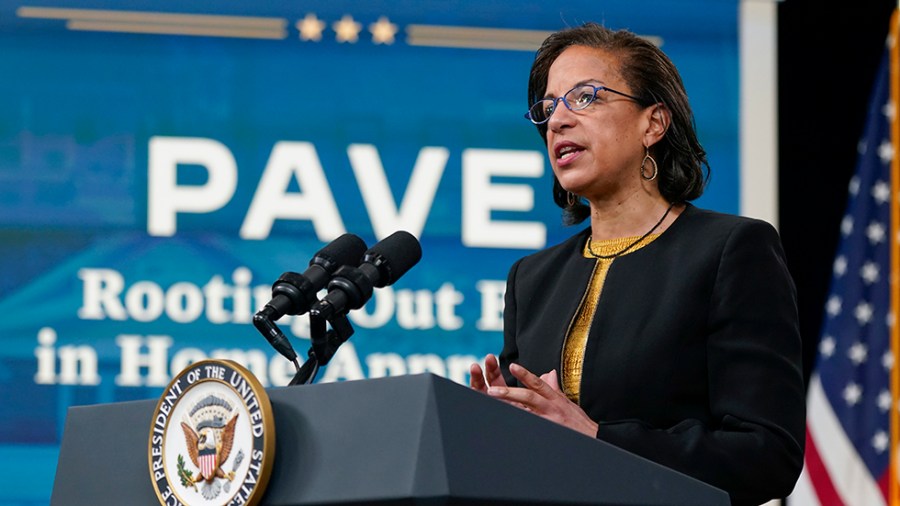 Susan Rice speaks at an event to announce plans to address racial and ethnic bias in home valuations in the South Court Auditorium on the White House campus.