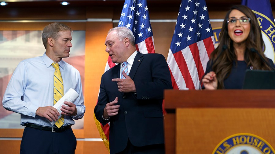 Rep. Jim Jordan (R-Ohio) speaks with House Minority Whip Steve Scalise (R-La.) as Rep. Lauren Boebert (R-Colo.) addresses reporters during a press conference on Wednesday, June 8, 2022 with members of the Second Amendment Caucus to discuss protecting second amendment rights.