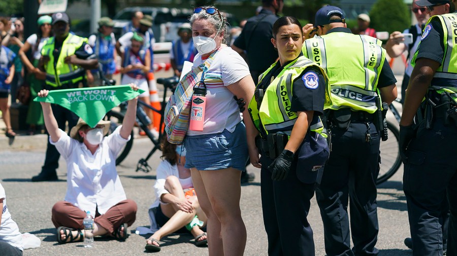 U.S. Capitol Police detain protesters in favor of abortion rights during a sit-in outside the Senate office buildings on Thursday, June 30, 2022.