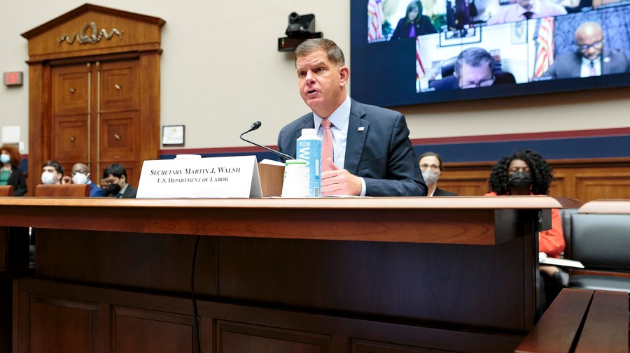 Secretary of Labor Marty Walsh addresses the House Education and Labor Committee at a hearing to examine polices and priorities of the Department of Labor on Tuesday, June 14, 2022.