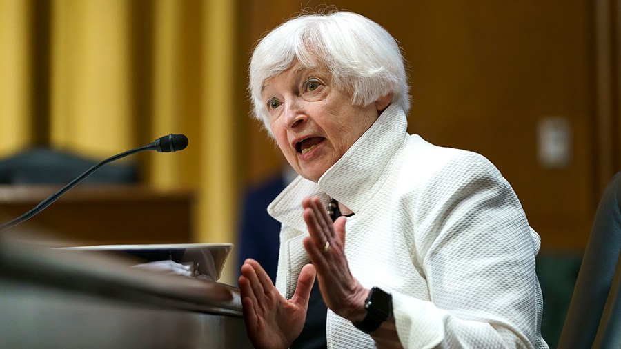 Treasury Secretary Janet Yellen answers questions from Sen. Elizabeth Warren (D-Mass.) during a Senate Finance Committee hearing to examine President Biden’s FY 2023 budget on Tuesday, June 7, 2022.