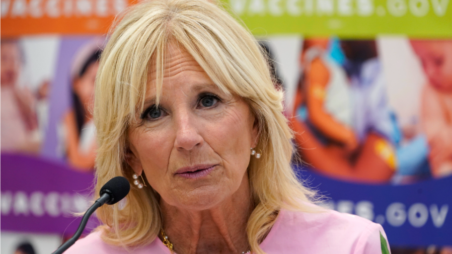 FILE - First lady Jill Biden speaks as she tours a health facility, July 1, 2022, in Richmond, Va.