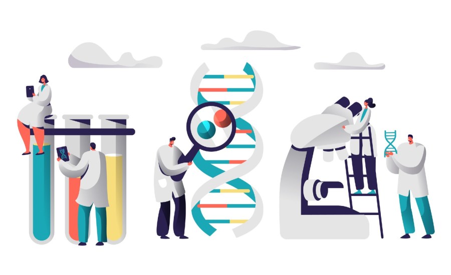 illustration of scientists with lab equipment and DNA double helix