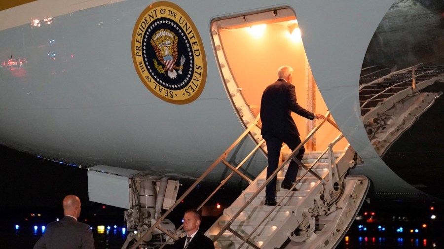 President Joe Biden boards Air Force One for a trip to Israel and Saudi Arabia, Tuesday, July 12, 2022, at Andrews Air Force Base, Md.