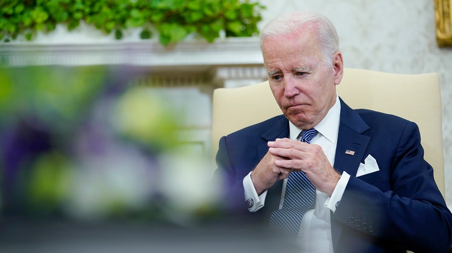 President Biden listens as he meets with Mexican President Andrés Manuel López Obrador in the Oval Office of the White House in Washington, D.C., on Tuesday, July 12, 2022.