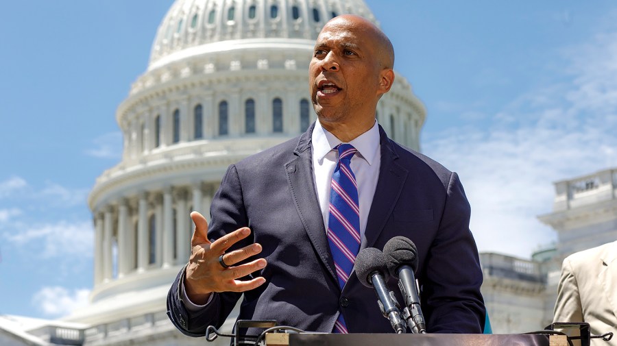 Sen. Cory Booker (D-N.J.) addresses reporters during a press conference on Thursday, July 14, 2022 to discuss corporate greed.