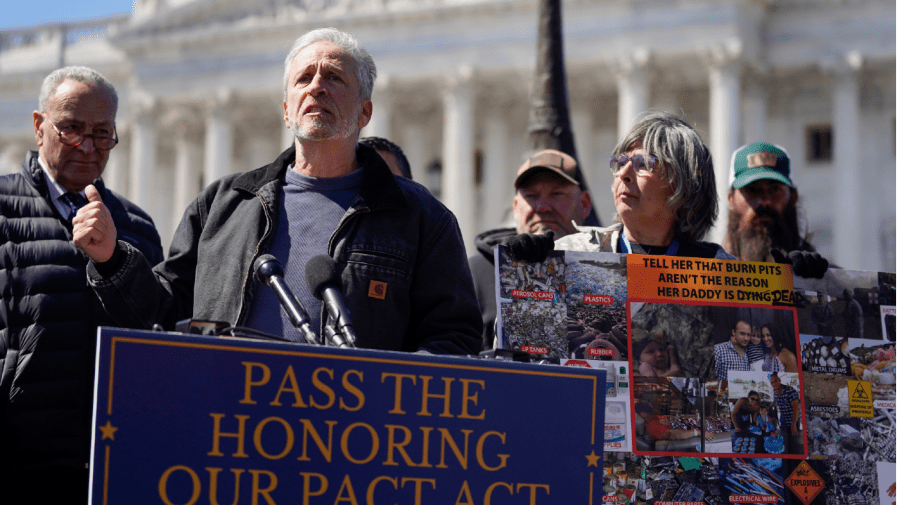 Entertainer and activist Jon Stewart speaks at a press conference on the PACT Act to benefit burn pit victims on Capitol Hill, Tuesday, March 29, 2022, in Washington.