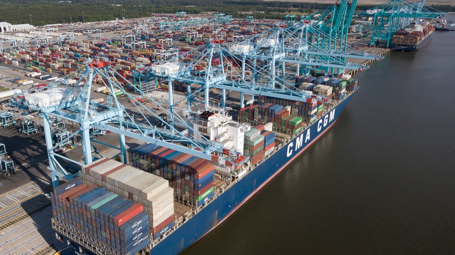 A container ship is unloaded