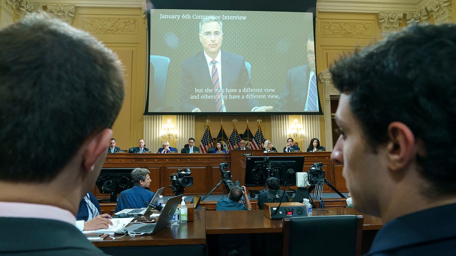 Video deposition of Pat Cipollone, former White House Counsel for President Trump, is seen during a House Jan. 6 committee hearing on Tuesday, July 12, 2022 focusing on the ties between former President Trump and far-right extremist groups.