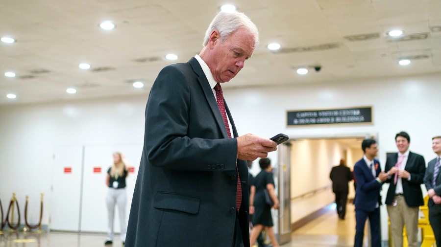 Sen. Ron Johnson (R-Wis.) arrives to the Capitol for procedural votes regarding the nomination of Federal Reserve Board Member nominee Michael Barr on Wednesday, July 13, 2022.