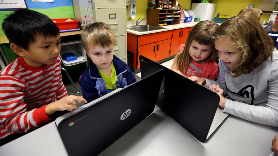 Students work on laptops in a classroom